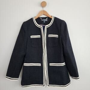 J.Crew Longer Tweed Lady Jacket Wool Blend Black Maritime Contrast Trim Size 4